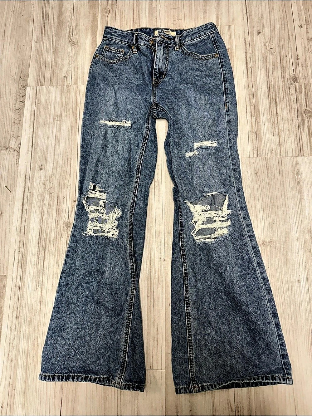 Rock & Roll Denim High Rise Palazzo Distressed Flare Jeans Blue Waist 26